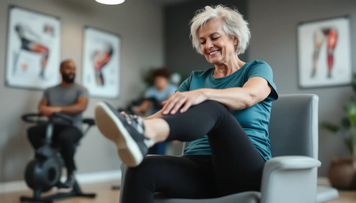 Middle‑aged woman with arthritis doing low impact leg exercise in a therapy gym.