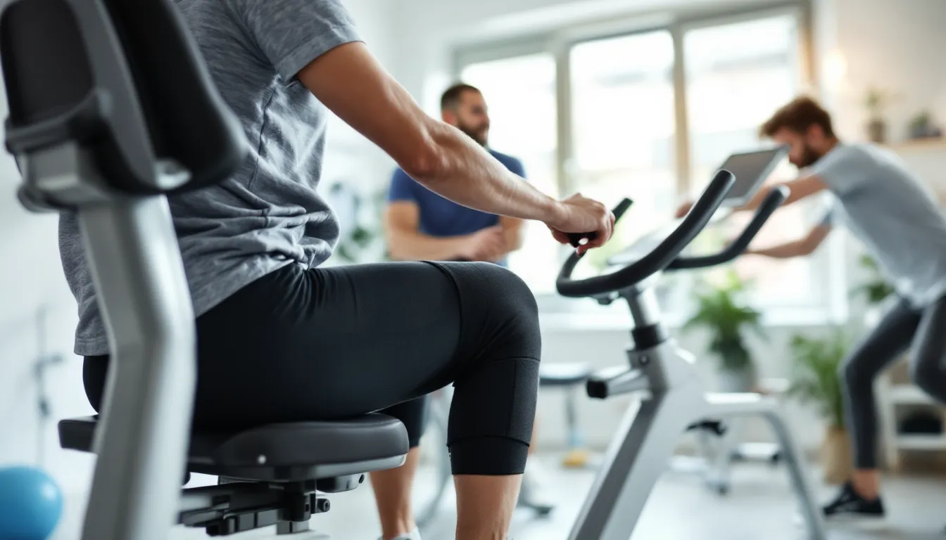 Middle-aged woman with knee brace gently cycling on a recumbent bike in a clinic.