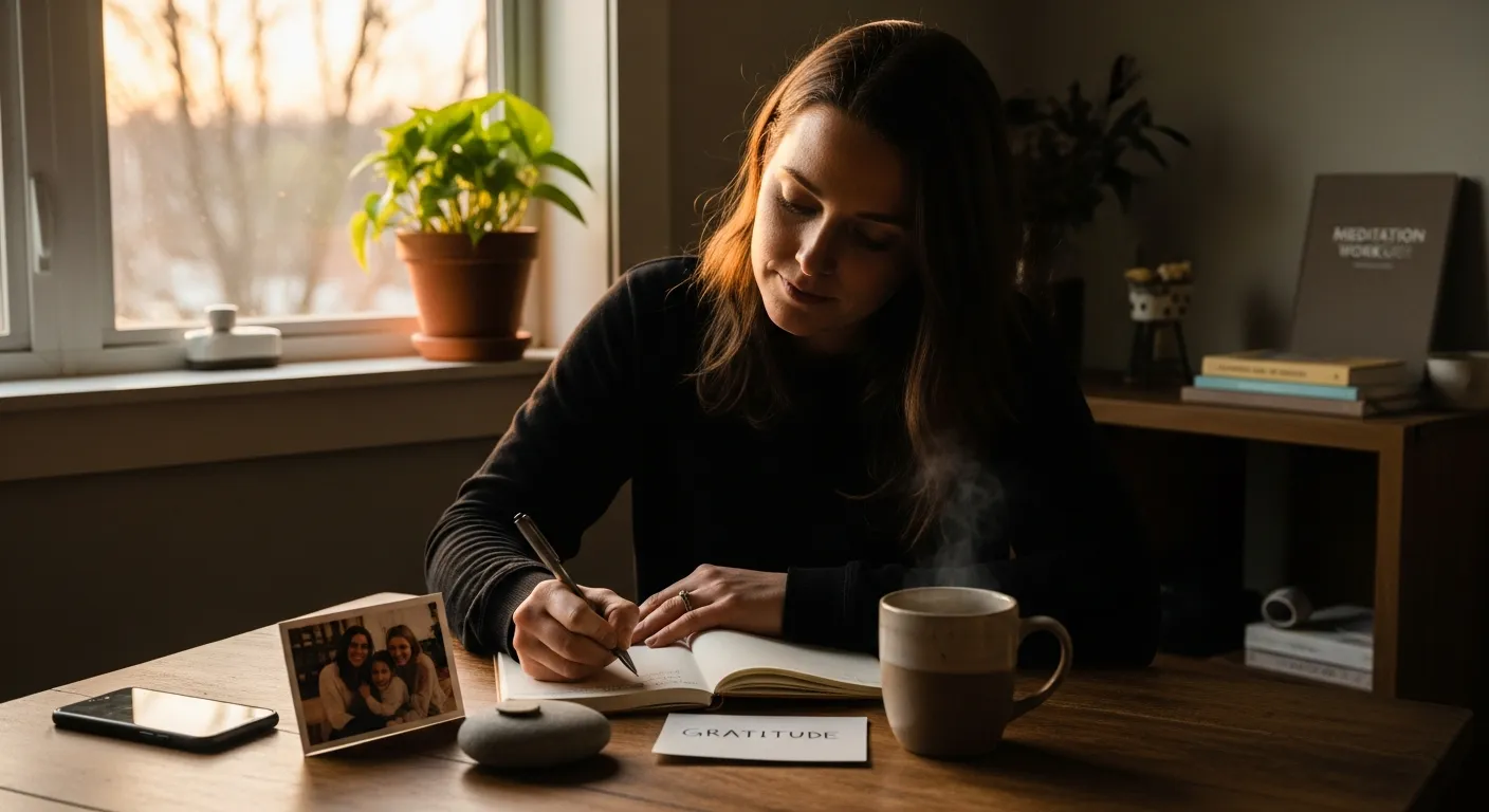 Woman journaling at a kitchen table, reflecting on meaning and inner peace.