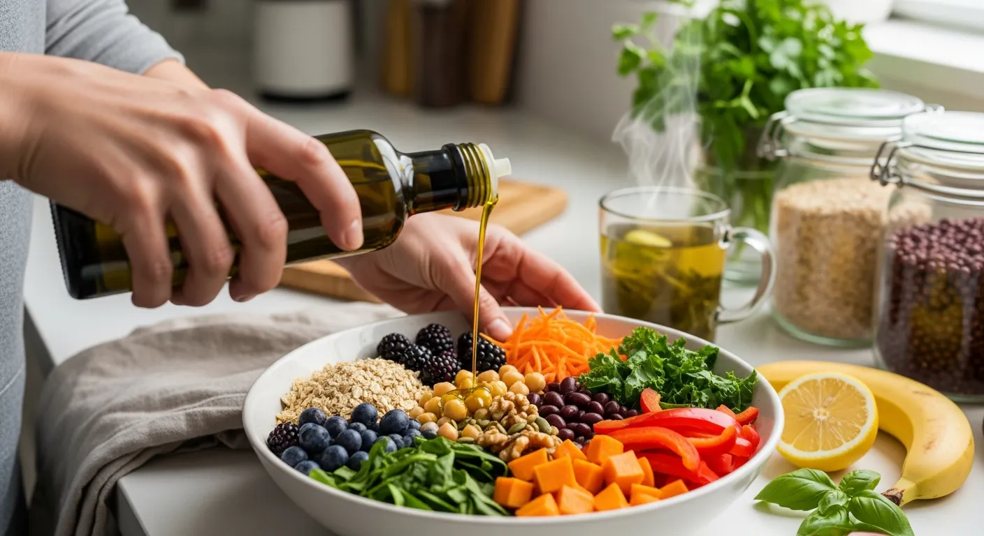Hands drizzle olive oil over a colorful whole-food vegan anti-inflammatory bowl.