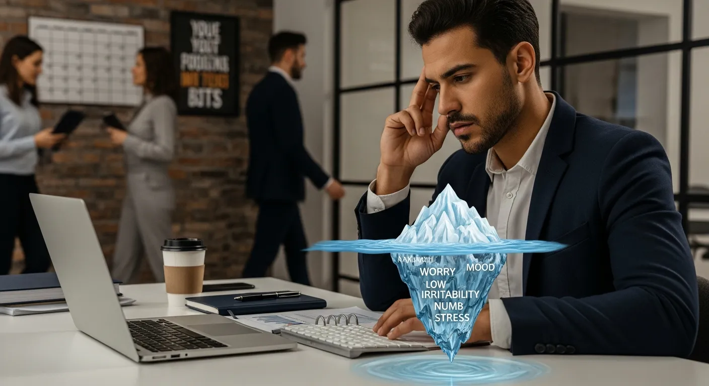 Office professional looks successful but stressed beside an iceberg metaphor sculpture.