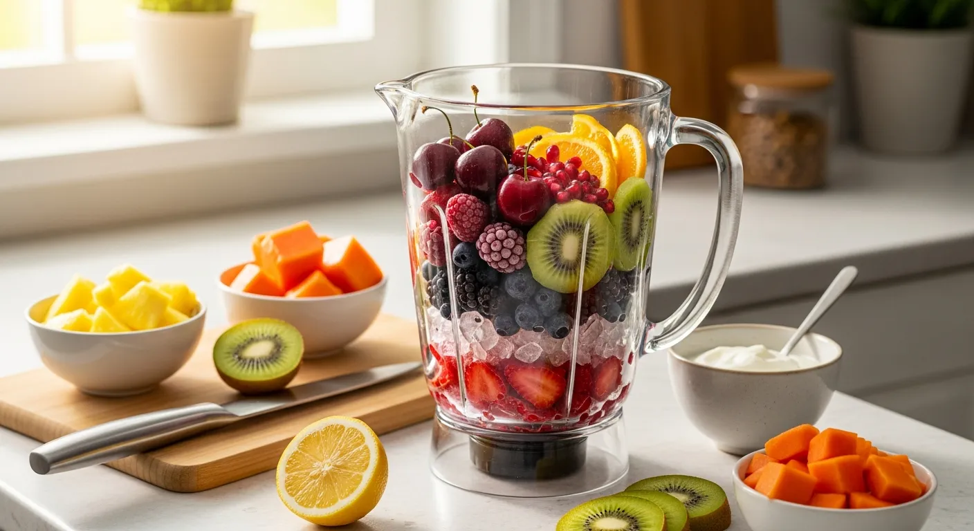Blender filled with berries, cherries, citrus, and kiwi for an anti-inflammatory smoothie.
