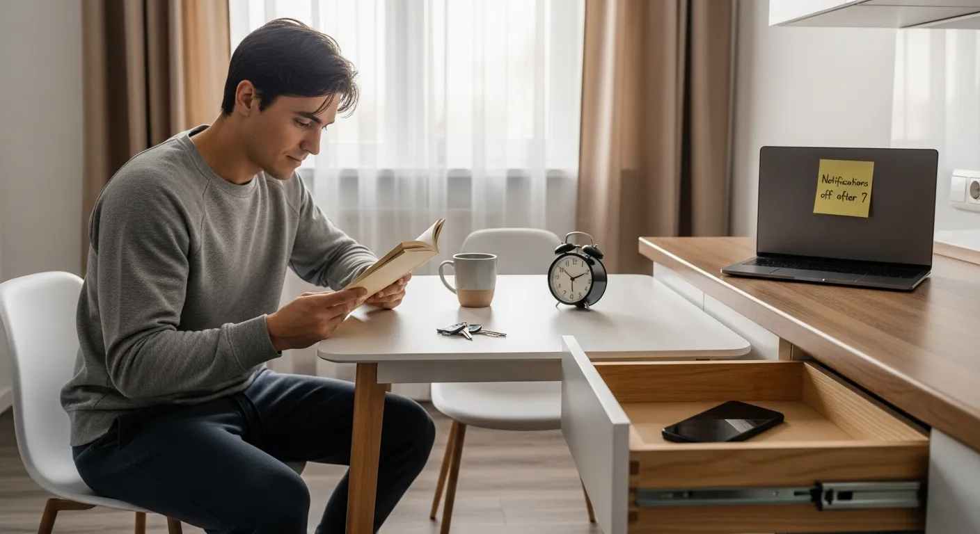 Professional reading at a kitchen table, phone tucked away for a detox.