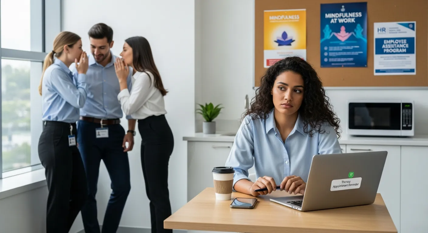 Woman sits alone in office break room while coworkers whisper behind her.