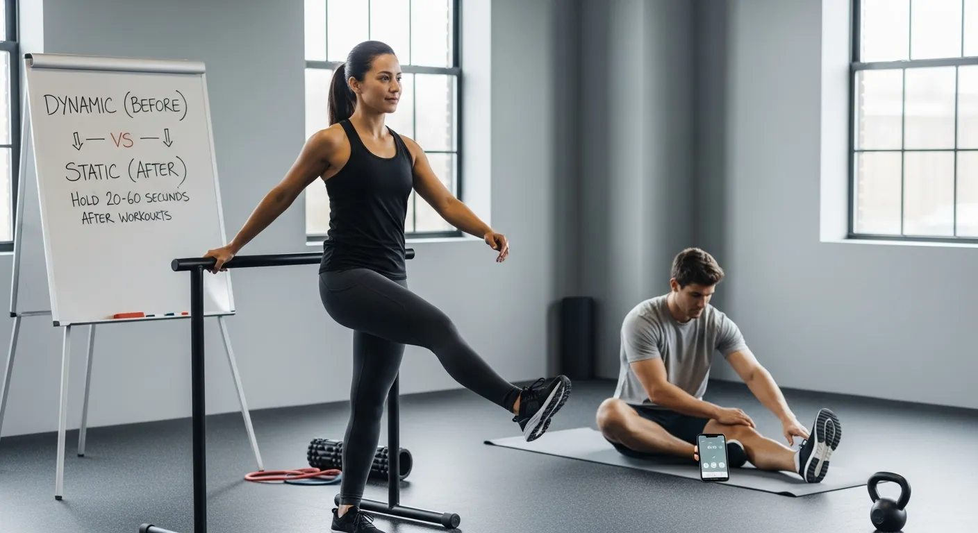 Woman doing dynamic leg swings while man holds a static hamstring stretch.