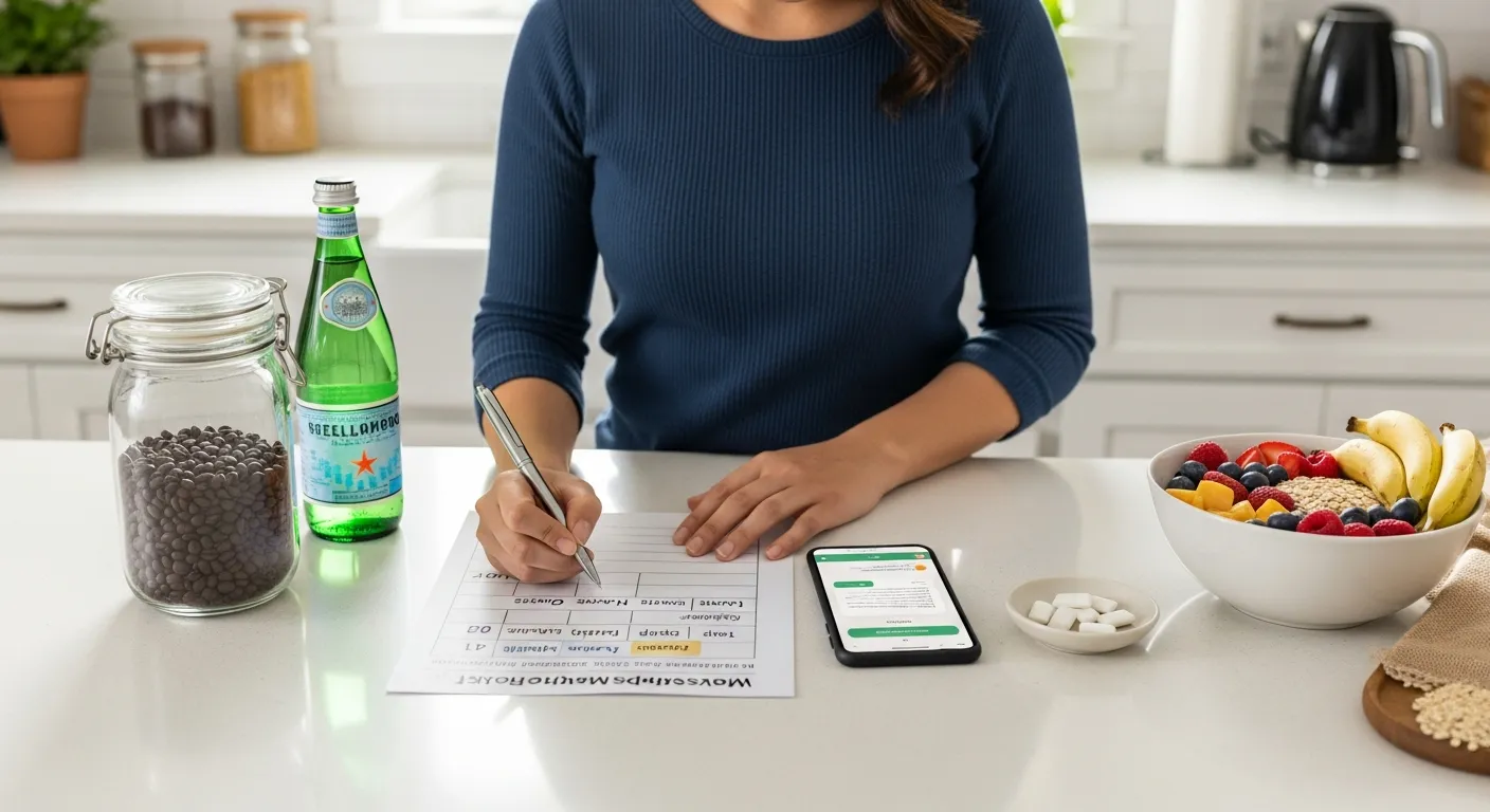 Woman in a U.S. kitchen tracking detox symptoms and cravings on a calendar.