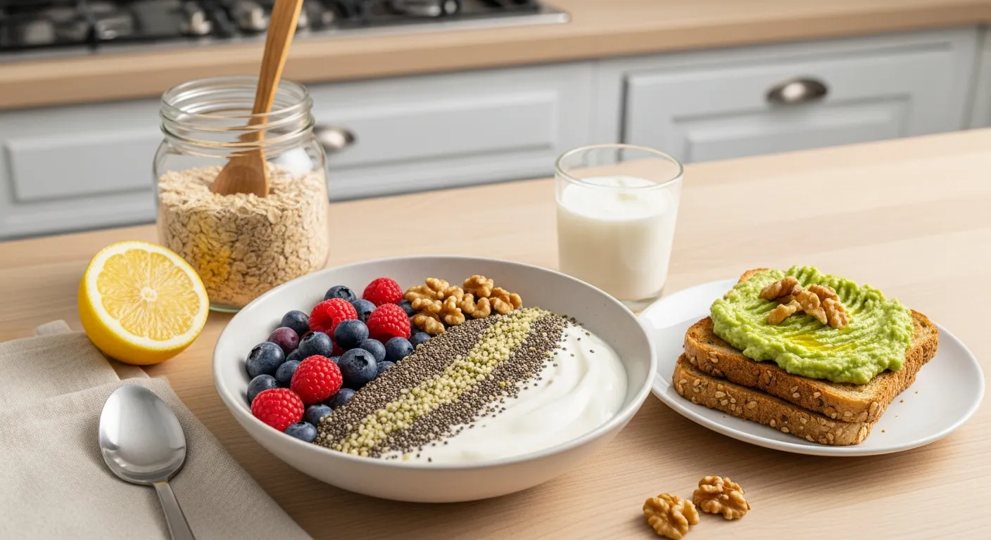 Greek yogurt with berries and seeds beside avocado toast in morning light.