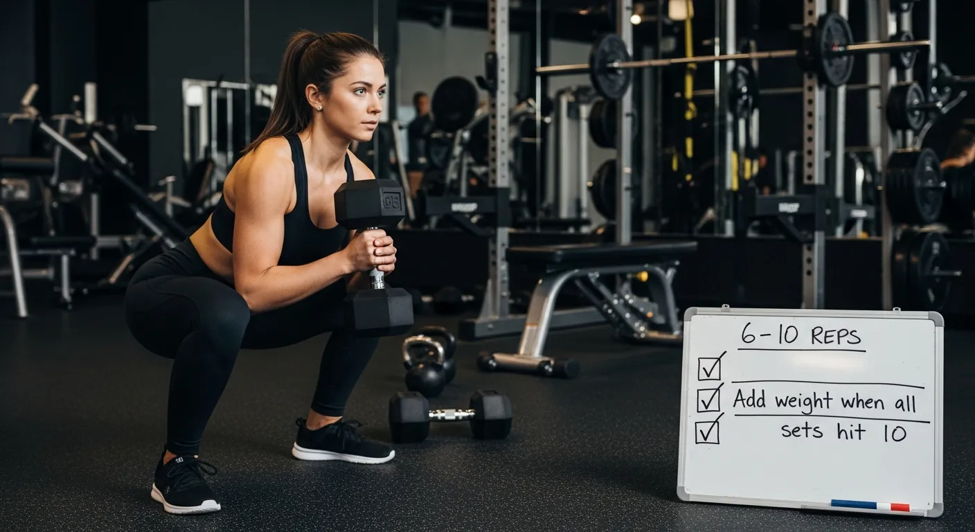 Woman performing goblet squat beside a rep-range progressive overload whiteboard.