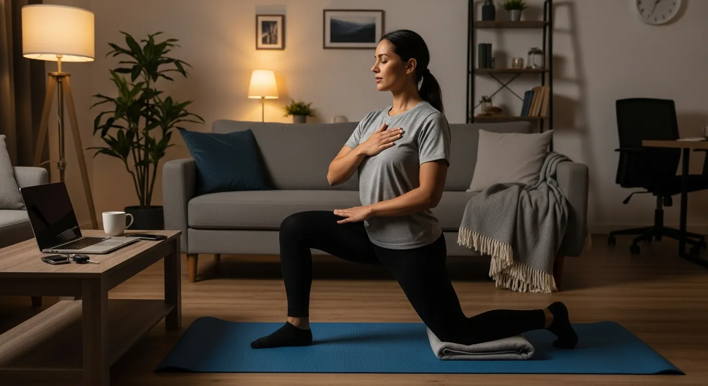 Beginner stretches hip flexor on a yoga mat in a cozy living room.