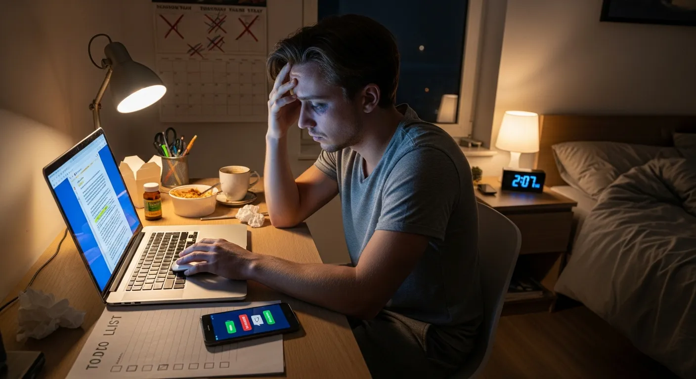 Tired office worker at night, overwhelmed by tabs, low battery, and insomnia.