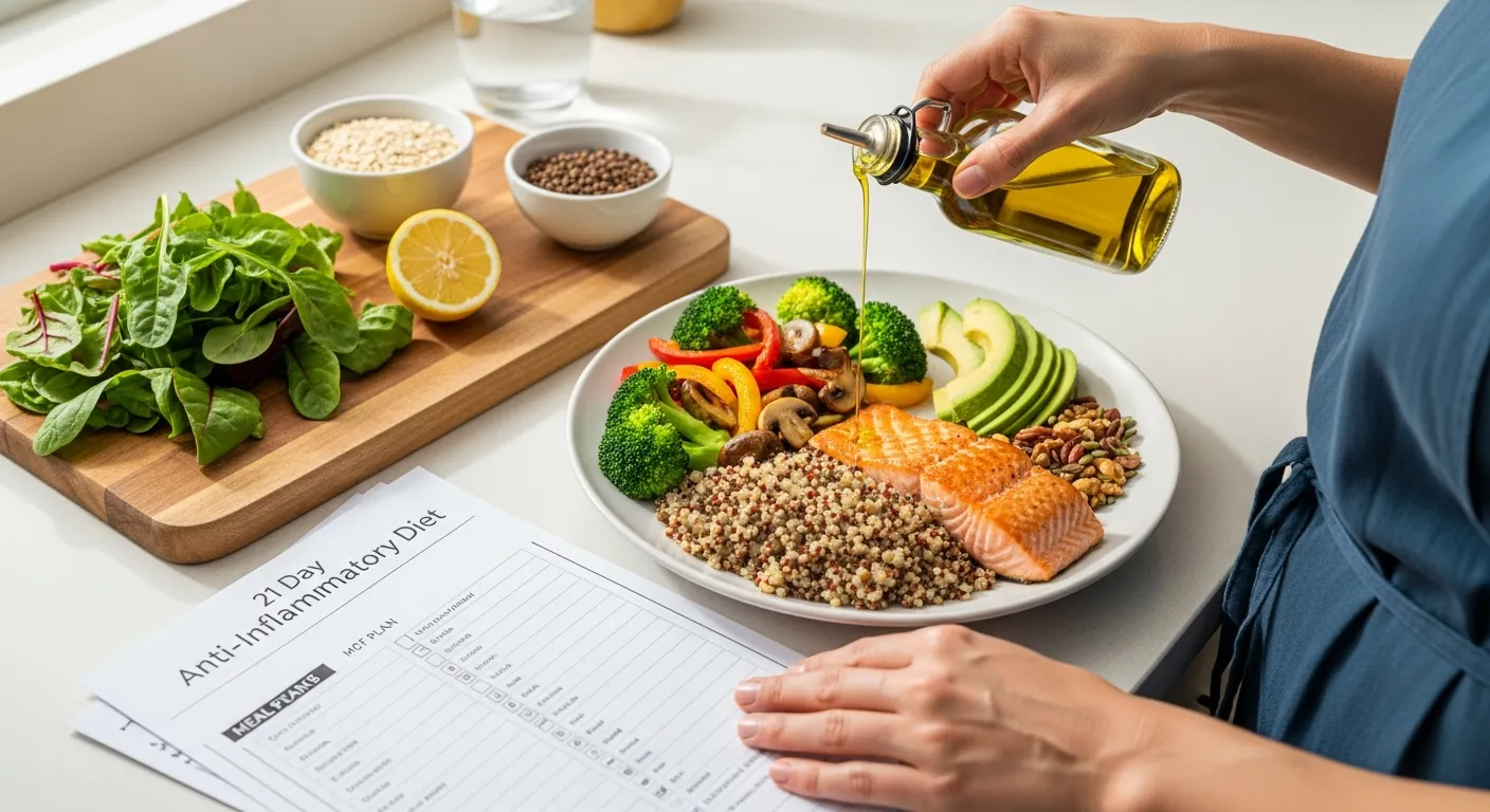 Plate-method anti-inflammatory meal beside a printed 21-day diet plan.
