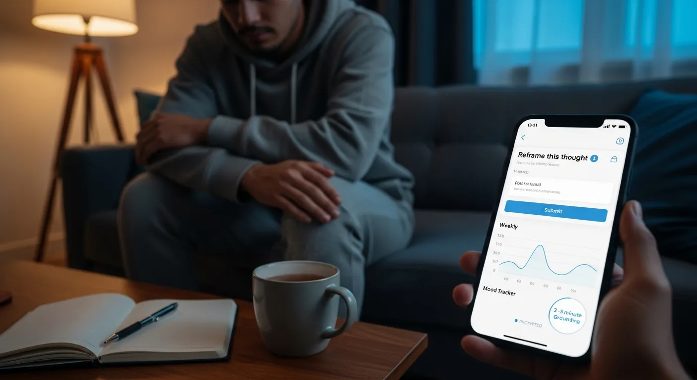 Person using a mental health app for breathing and mood tracking at home.