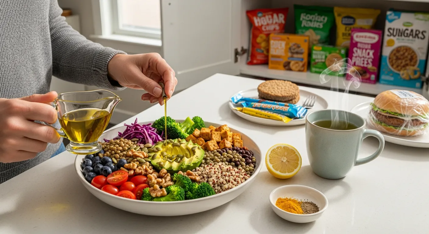 Whole-food vegan bowl with olive oil drizzle beside packaged vegan snacks.