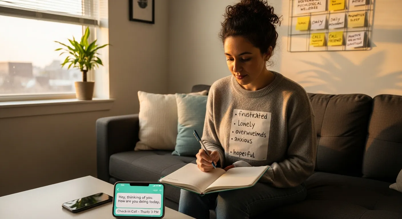 Woman journaling emotions at home with supportive phone message nearby.